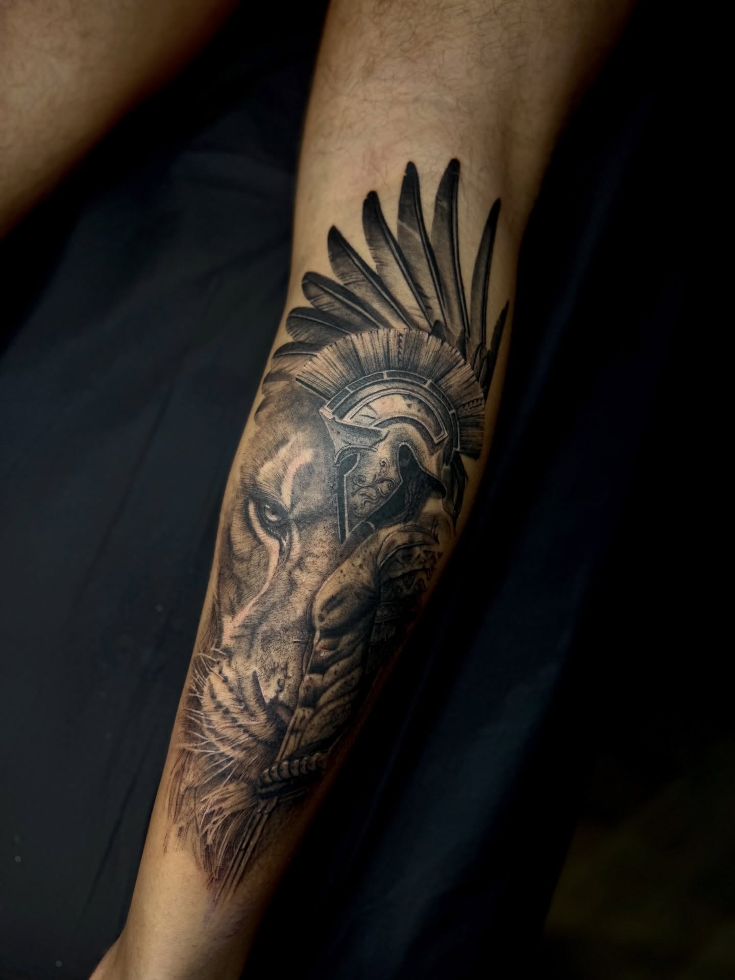 Tatouage Arès et lion sur un bras par Nemesys
